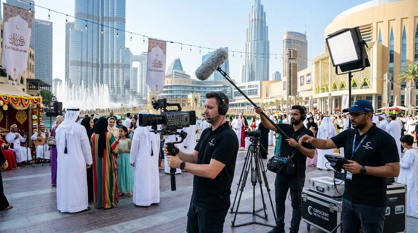A man with a camera and crew filming a crowd during an Eid event for a video production company.