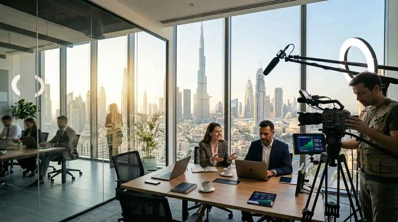 Team members work together in an office overlooking the cityscape of Dubai, showcasing a modern workspace.