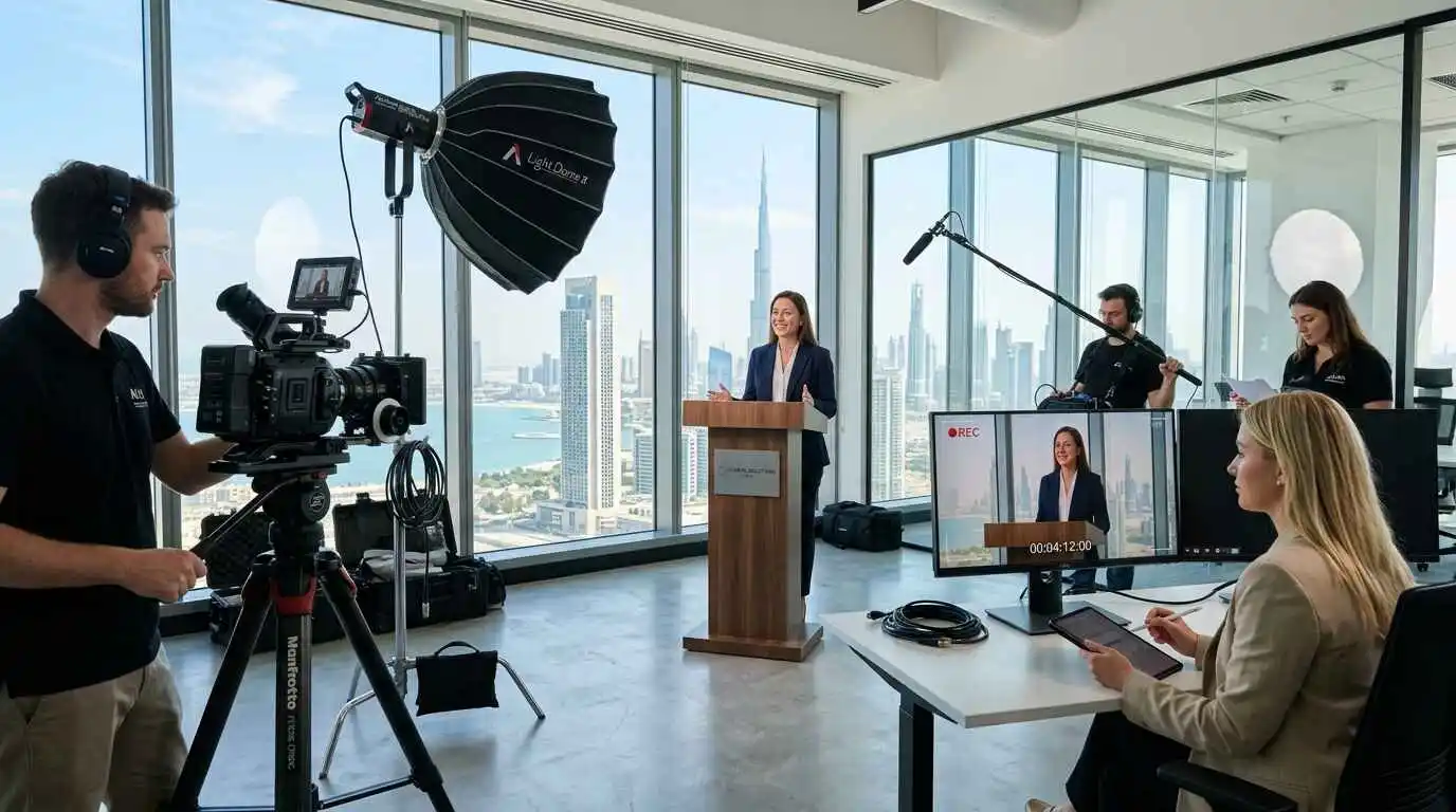 A woman in front of a camera and two men at desks, showcasing teamwork in a video marketing agency focused on lead generation.