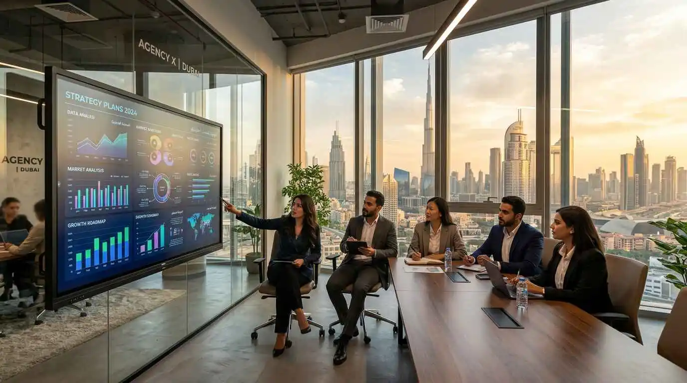 A collaborative meeting in a conference room, with a group analyzing marketing strategies on a large display screen.