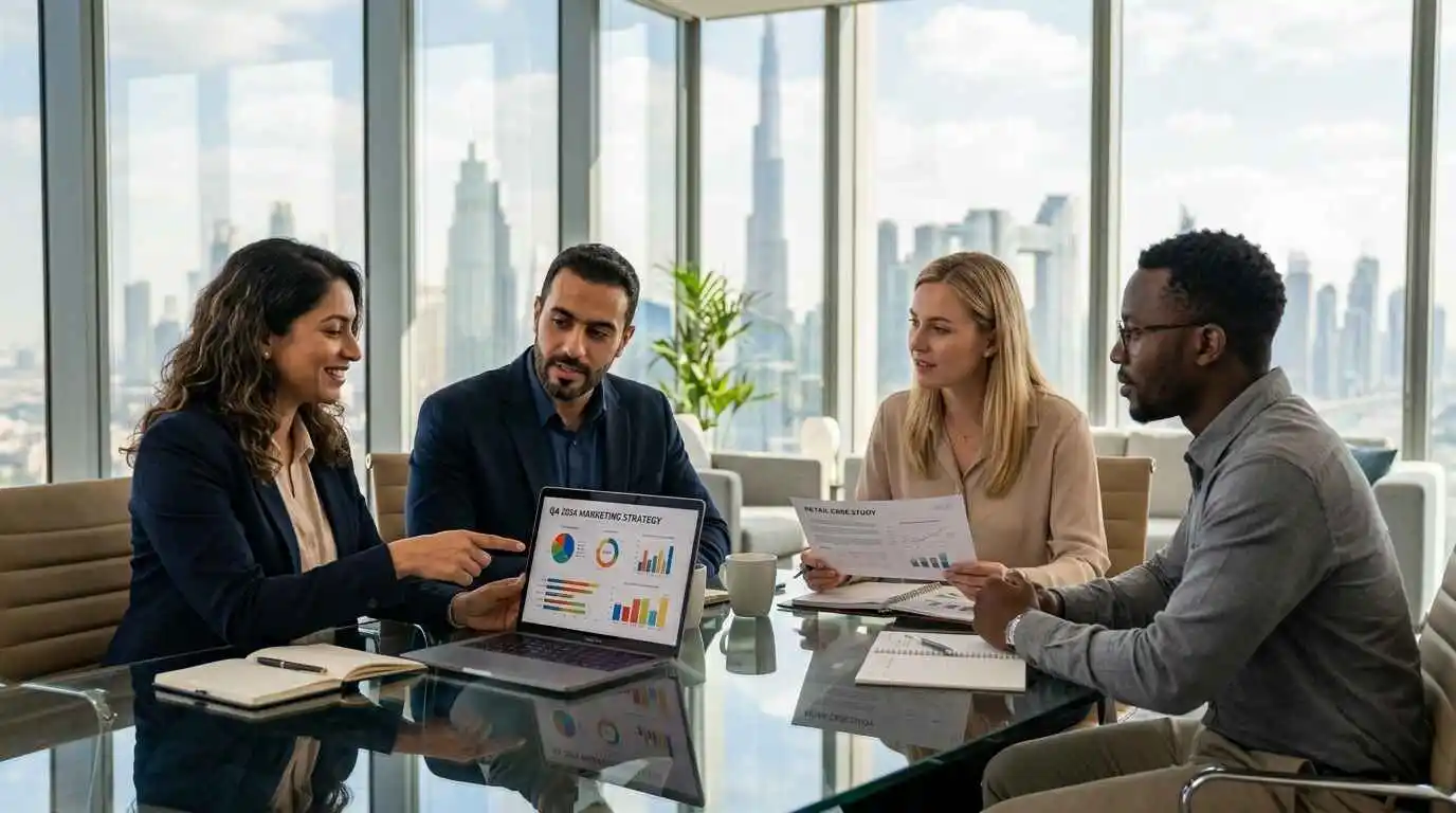 A diverse group of business individuals gathered at a table, focused on a laptop while strategizing marketing efforts.
