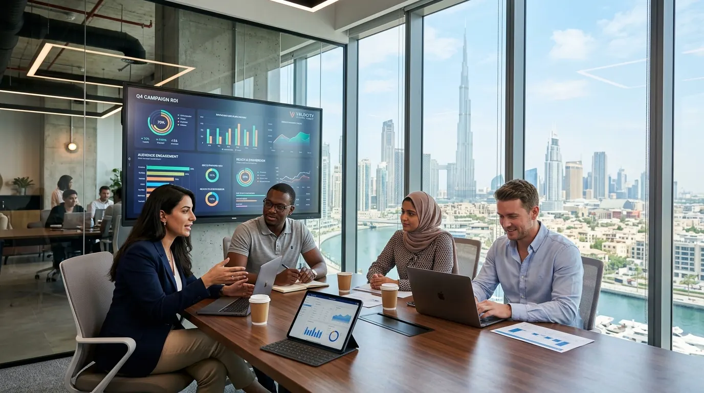 Team members engaged in a strategic marketing meeting, gathered around a table with a laptop for presentations.