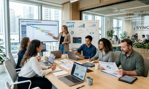 A collaborative workspace featuring individuals around a table, focused on laptops during a strategic marketing session.