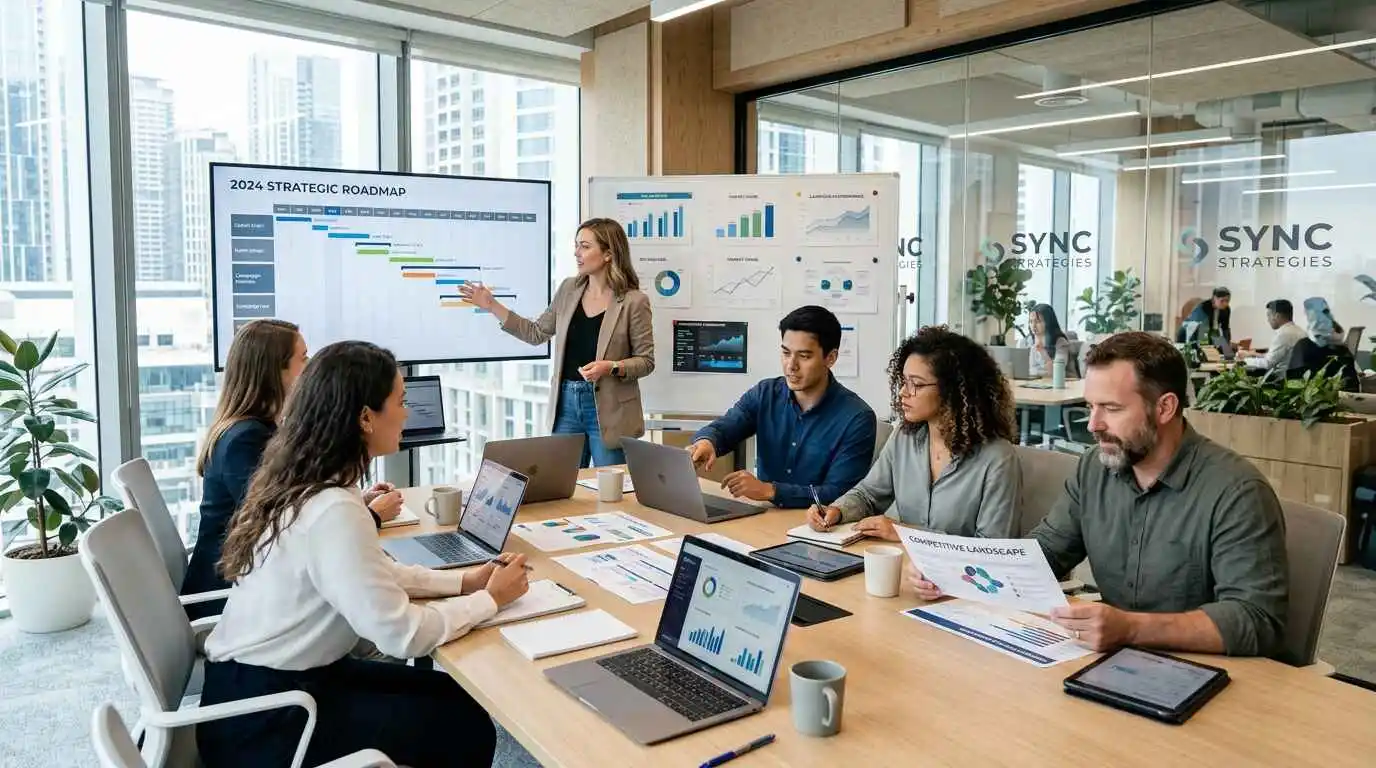 A collaborative workspace featuring individuals around a table, focused on laptops during a strategic marketing session.