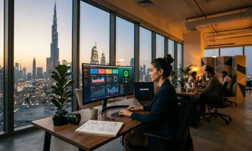 A professional woman at her desk, engaged with her computer, with a city view, symbolizing strategic marketing agency work.