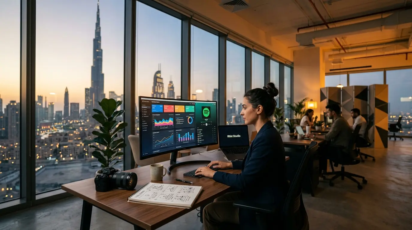 A professional woman at her desk, engaged with her computer, with a city view, symbolizing strategic marketing agency work.