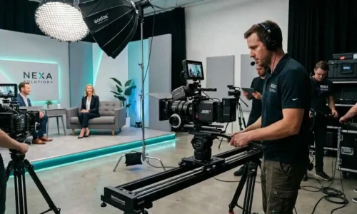 A man filming a video in a professional studio setting, featuring cameras, lights, and sound equipment.